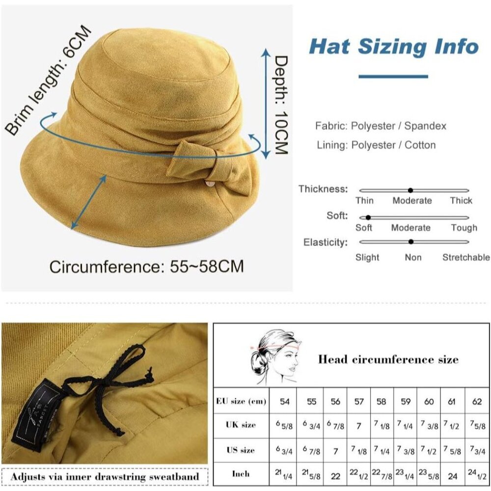 Vintage Cloche Bucket Hat Womens Winter Packable Casual Formal 55-64CM - Picture 5 of 5
